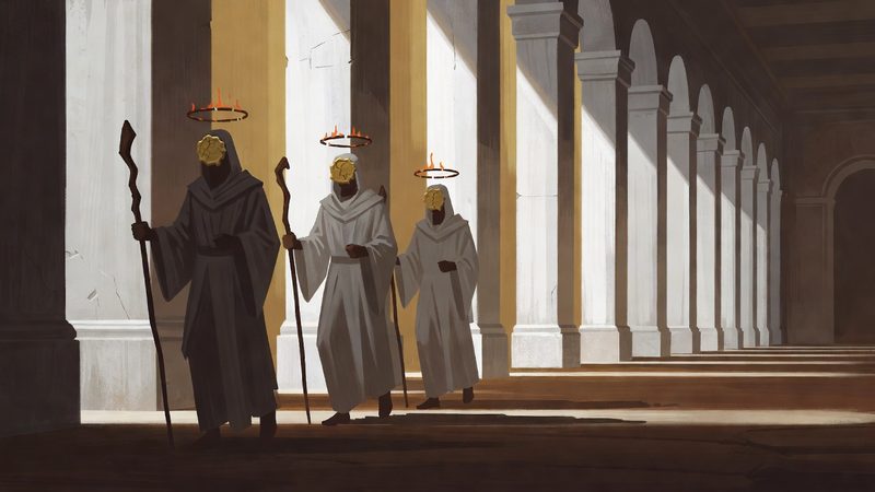 Vaelion concept art — The Blinded Choir sings to a light it refuses to see.