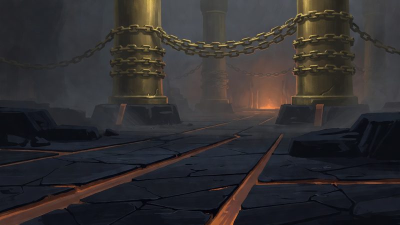 Välheimr concept art — The Forge Eternal — the pillars hold the roof; the chains hold something else.