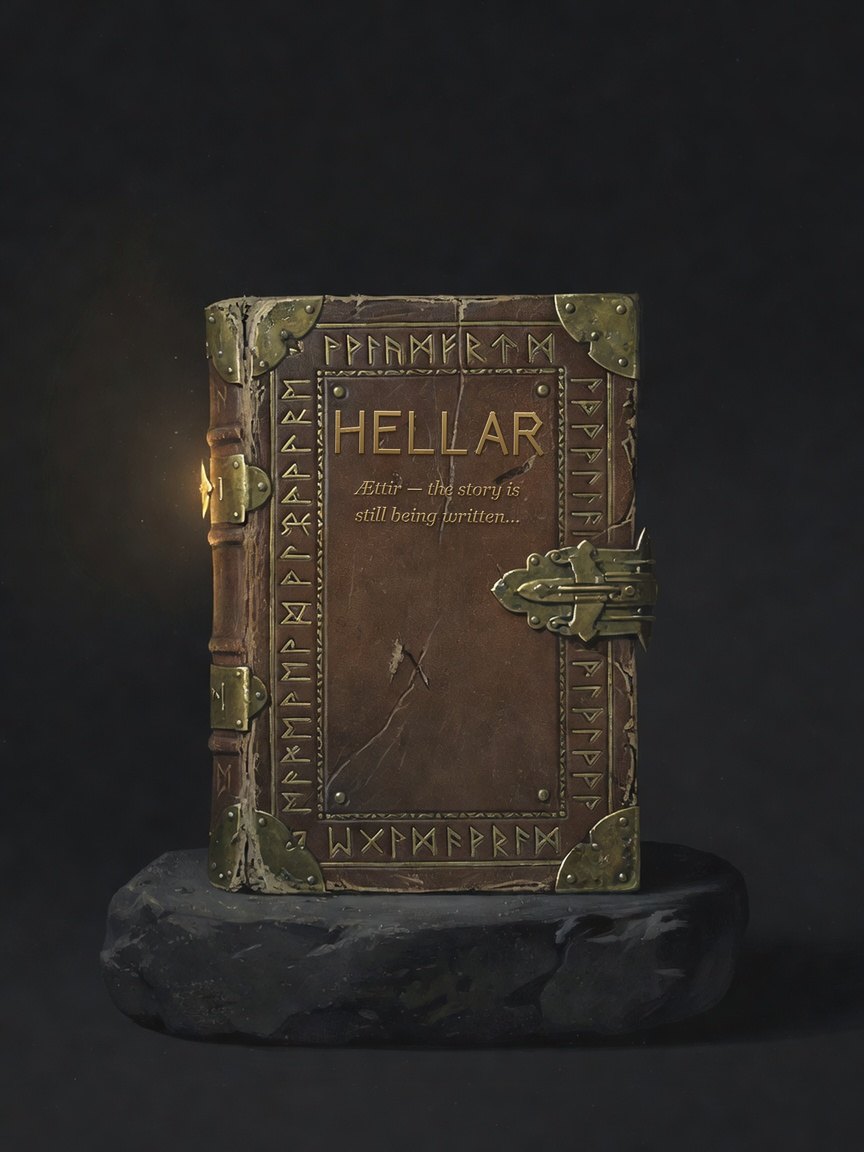 A worn leather-bound tome, runes hammered into its cover in tarnished brass, stamped HELLAR — Ættir, the story is still being written