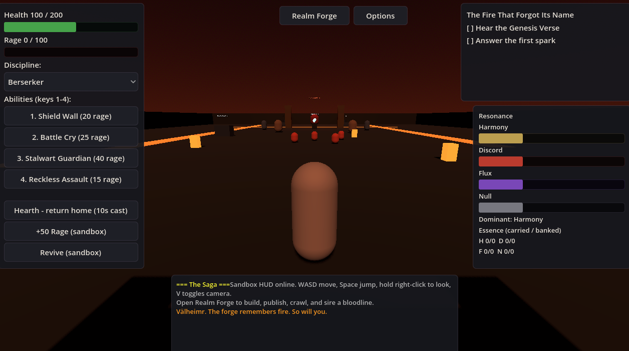Välheimr playground — forge floor with lava seams and the Chained Forge arena
